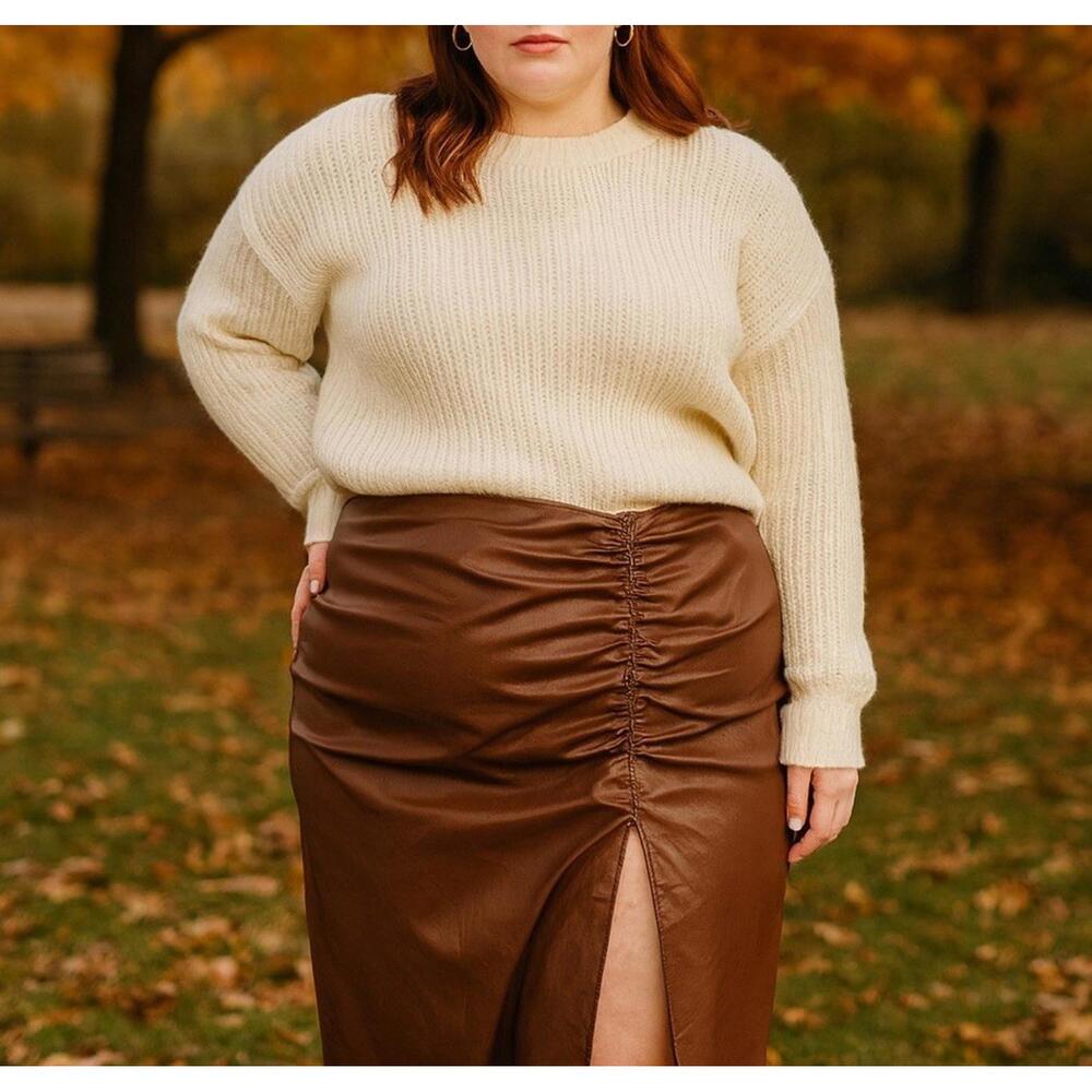 Faux Leather Skirt 3XL Brown Midi‎ Ruched Slit Chic Fall Date Night Brunch